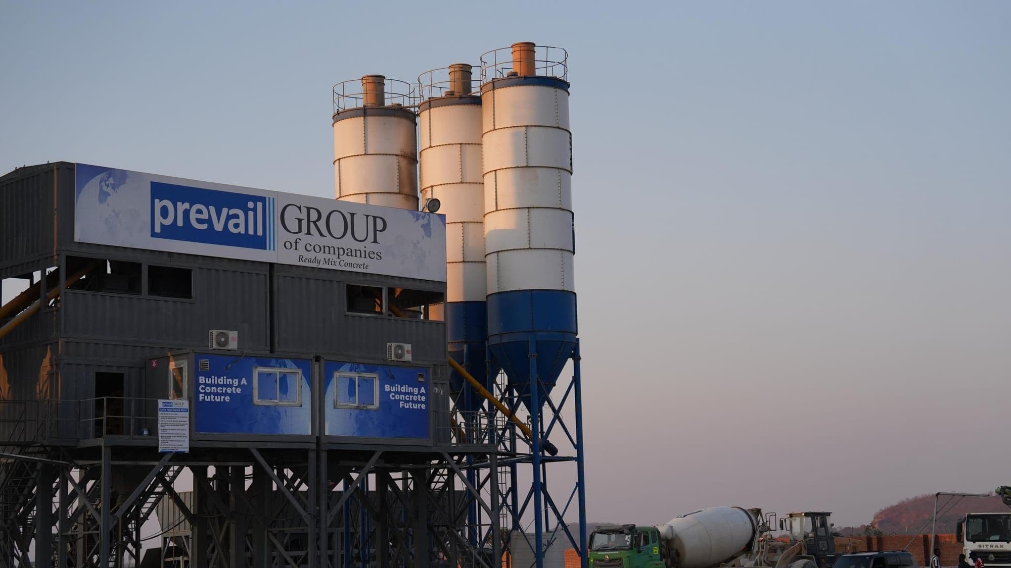 The Prevail Concrete batching plant at sunset
